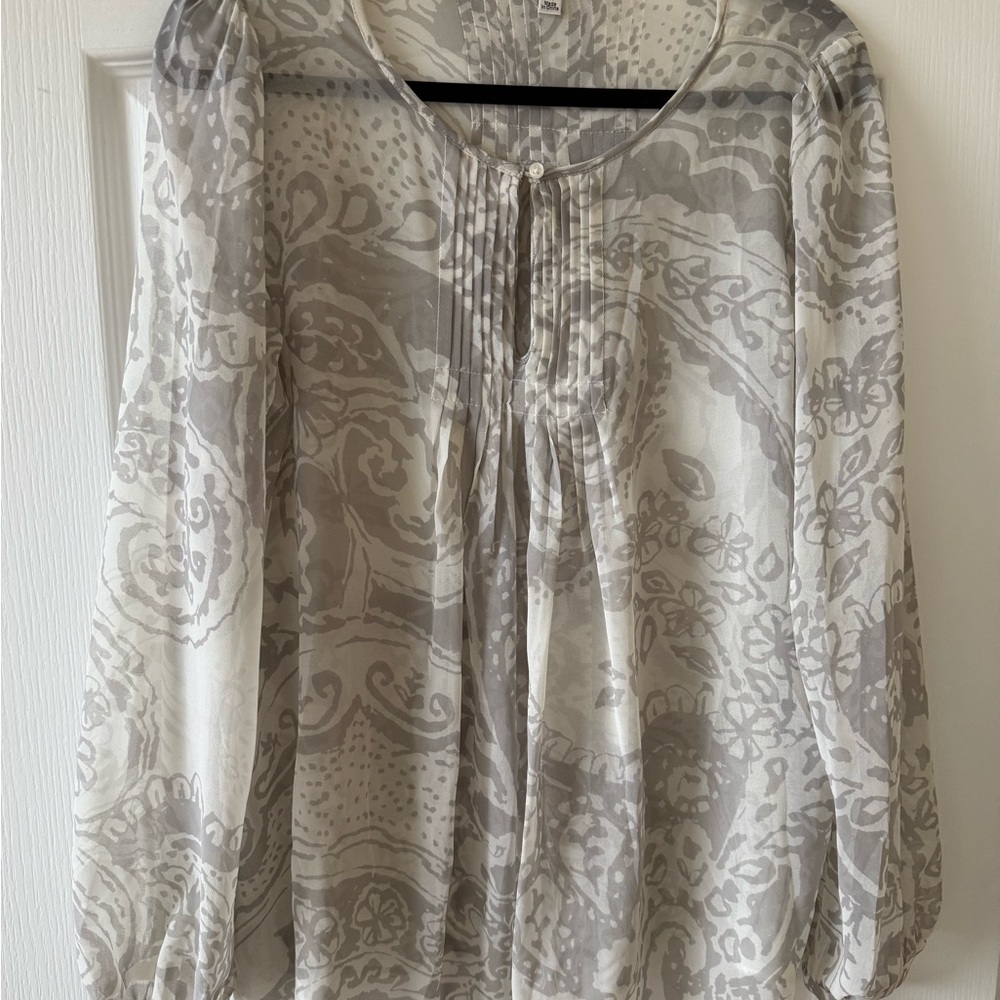 CAbi Sheer Gray and White Blouse
